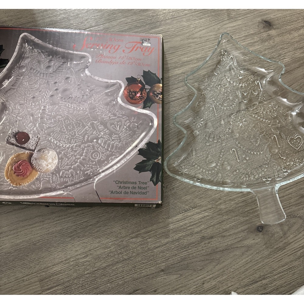 Vtg Indiana Glass 1547 Christmas Tree Serving Tray 12" Embossed Clear Glass Box